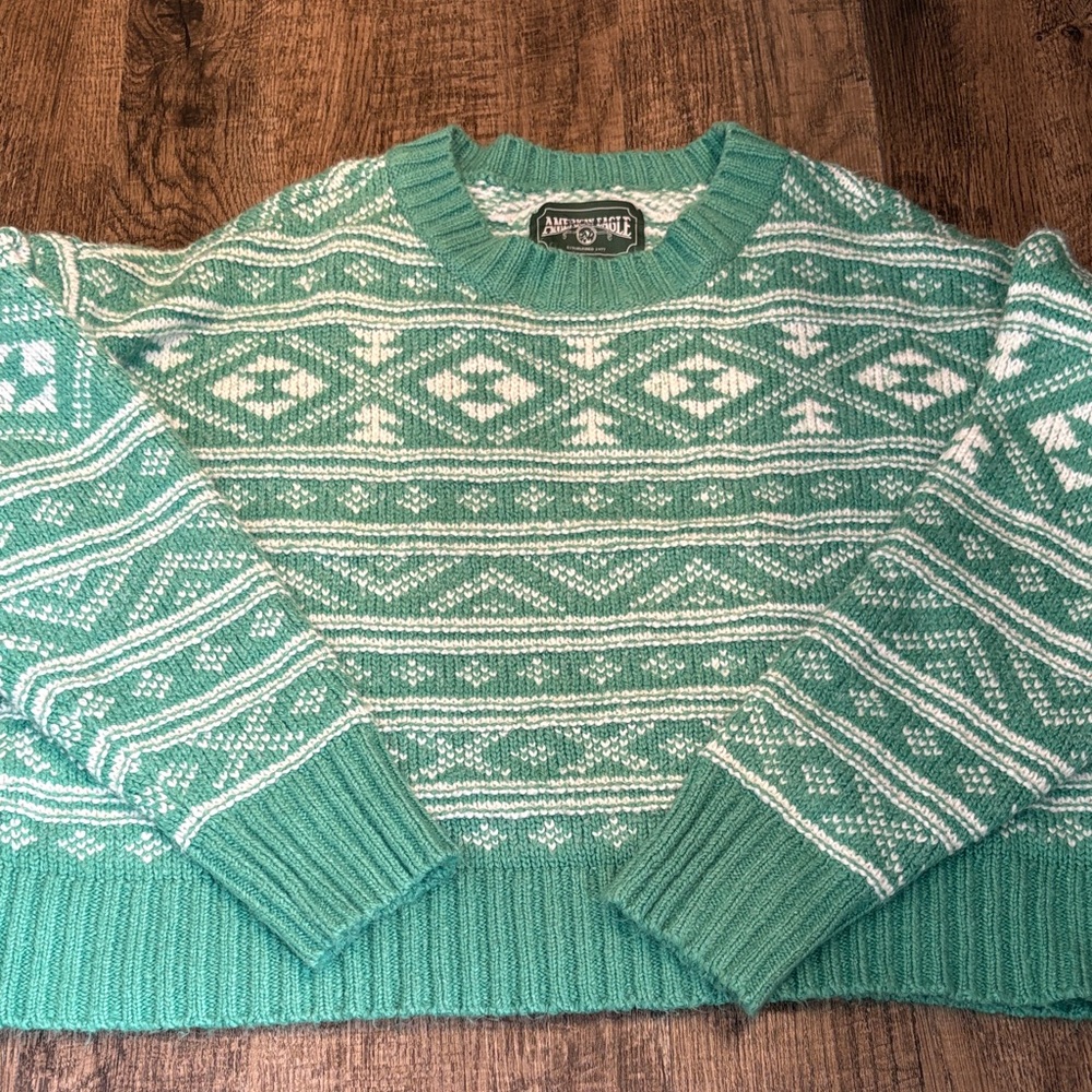 American Eagle Y2K Vintage Green & White Fair Isle Knit Sweater Green tag